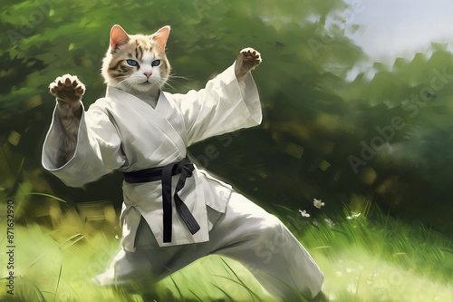 A cat in a kimono practices karate in nature, copy space.