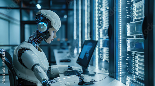 Robot Using Computer in Data Center with Servers generated with AI