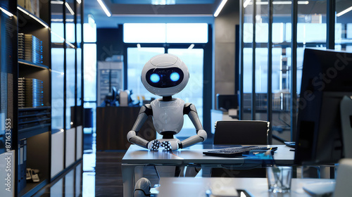 Robot sitting at desk in modern office environment generated with AI