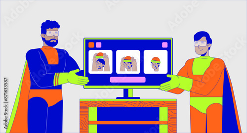 Diverse male superheroes showing hat wearing masterclass online cartoon flat illustration. Helping men at computer 2D line characters colorful background. Lifestyle scene vector storytelling image