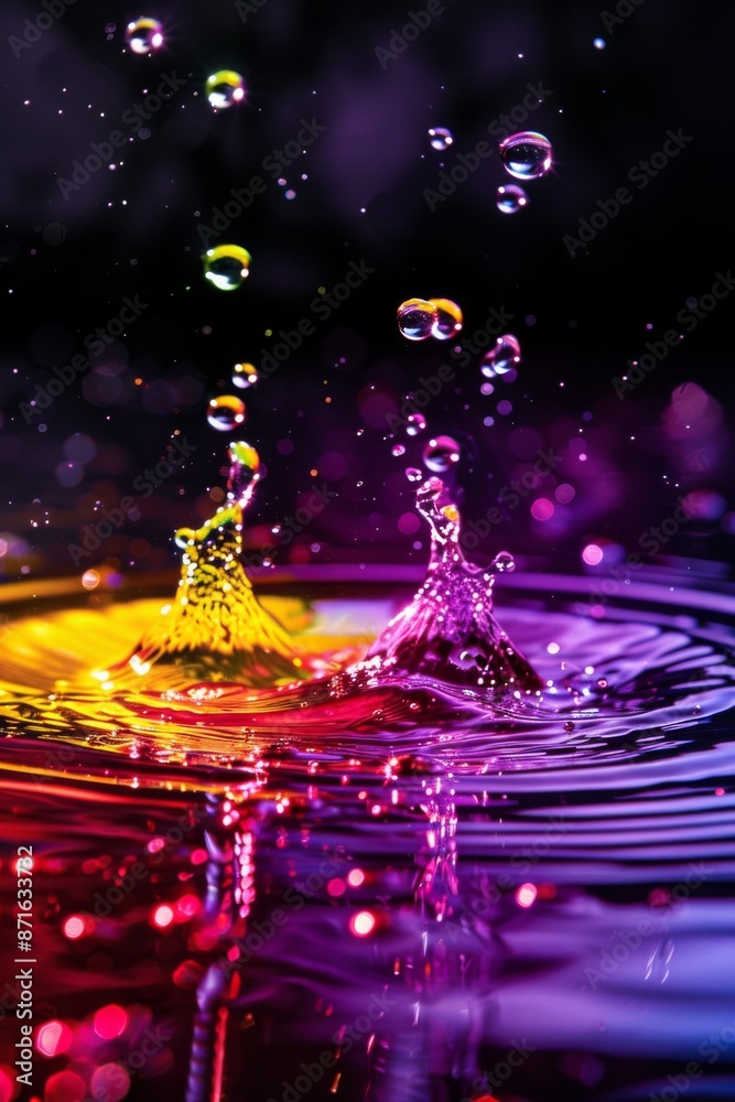 three water splashes (purple, yellow, and red) creating a fresh water pattern, with forsty effect, wide lens three water splashes (purple, yellow, and red) creating a fresh water pattern, with forsty effect, wide lens