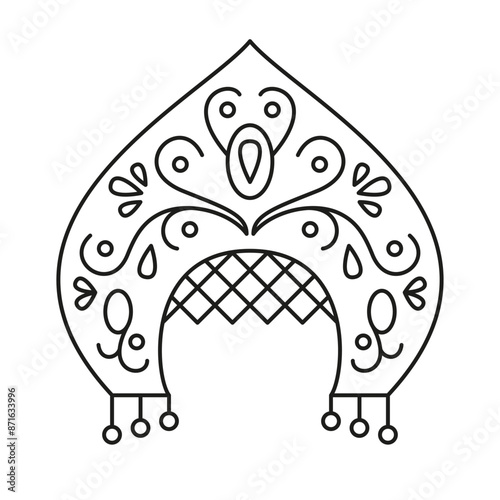 Kokoshnik line icon. Black simple pictogram of traditional head decoration with pattern. Vector isolated element on white background