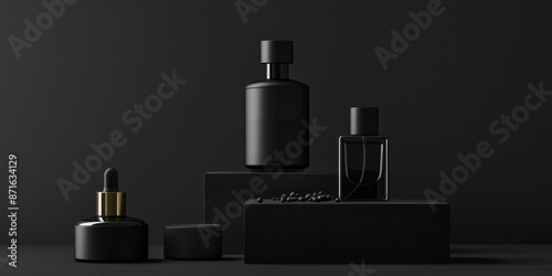 Minimalist online Black Friday marketing poster with a modern, balanced composition and realistic graphic representations of perfume bottles on a black background
