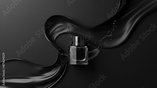 Minimalistic Black Friday retail advertisement with dynamic graphic elements and realistic perfume bottle designs against a sleek black background