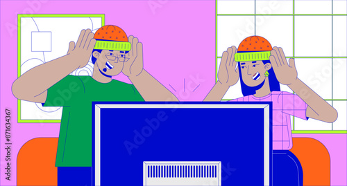 Happy arab couple wearing hats watching tv cartoon flat illustration. Middle eastern friends choosing warm accessories 2D line characters colorful background. Lifestyle scene vector storytelling image