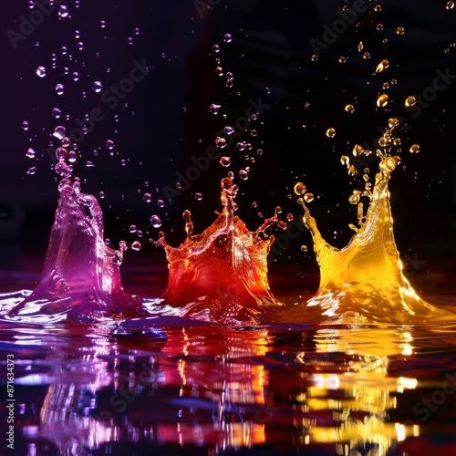 three water splashes (purple, yellow, and red) creating a fresh water pattern, with forsty effect, wide lens,  photo