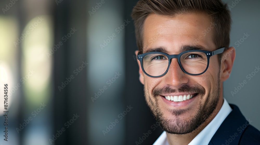 A man with glasses is smiling and looking at the camera. He is wearing a suit and tie A man with glasses is smiling and looking at the camera. He is wearing a suit and tie