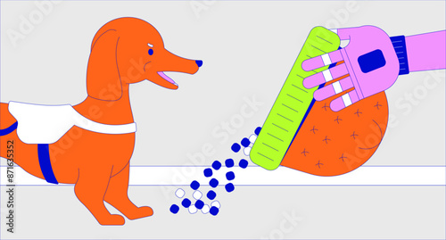 Prosthetic arm pouring food from hat to dog 2D linear illustration concept. Feeding canine pet from cap shaped bowl cartoon scene background. Animal care metaphor abstract flat vector graphic