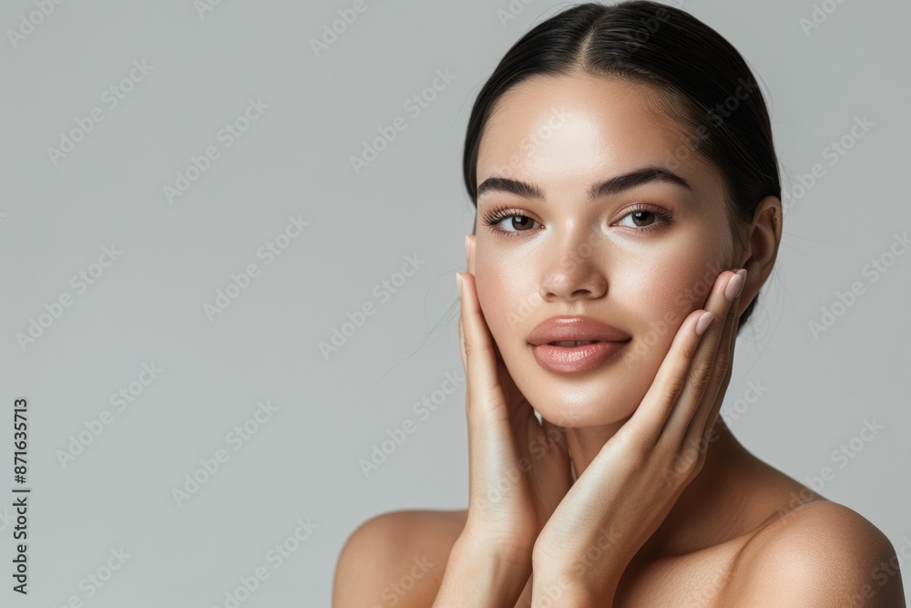 Beautiful woman with hands on face in dermatological and cosmetics studio. Facial self-care or skincare glow portrait of Portuguese aesthetic model on white backdrop. Beautiful woman with hands on face in dermatological and cosmetics studio. Facial self-care or skincare glow portrait of Portuguese aesthetic model on white backdrop.
