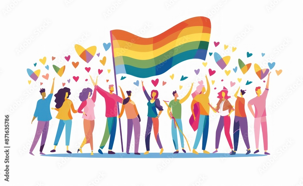 Diverse group celebrating with pride flags and confetti, showcasing LGBTQ+ unity and joy. Generative ai Diverse group celebrating with pride flags and confetti, showcasing LGBTQ+ unity and joy. Generative ai