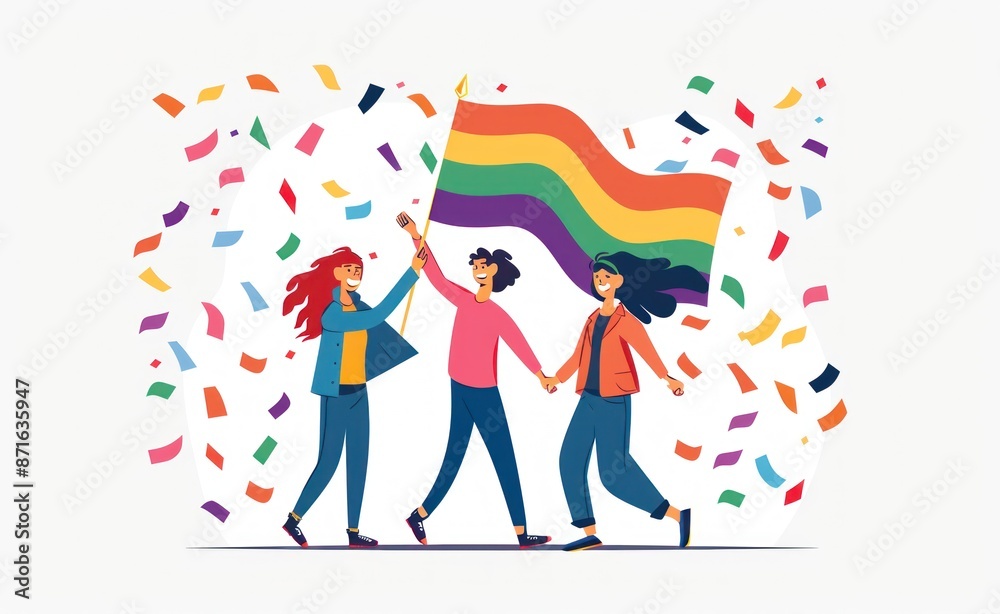 Pride Day-themed illustration of three people holding a rainbow flag and celebrating with confetti. Generative ai Pride Day-themed illustration of three people holding a rainbow flag and celebrating with confetti. Generative ai