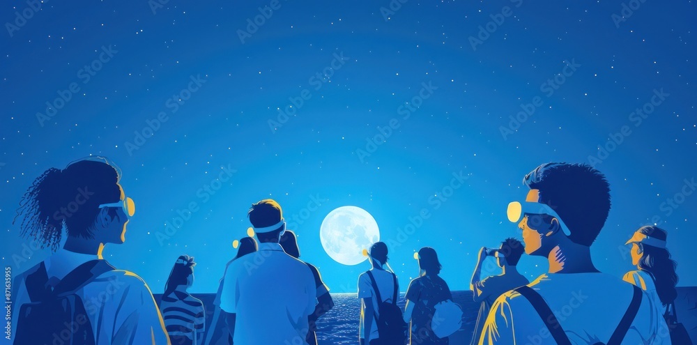 Naklejka premium People wearing protective glasses watching a total solar eclipse at night, enjoying a celestial event. Generative ai