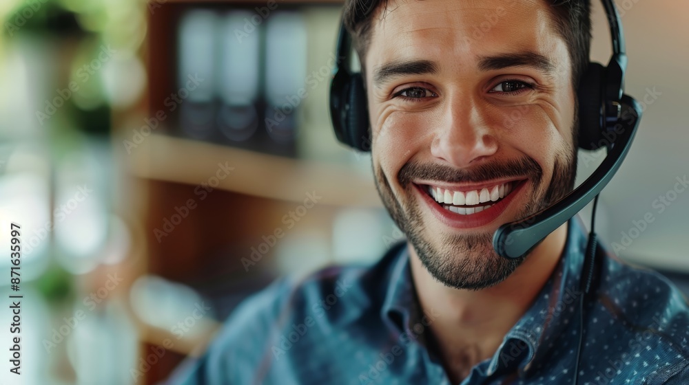 Smiley man with telecom, headset, microphone, CRM, and help desk agent. Happy man consultant, communication, technology, customer service, support Smiley man with telecom, headset, microphone, CRM, and help desk agent. Happy man consultant, communication, technology, customer service, support