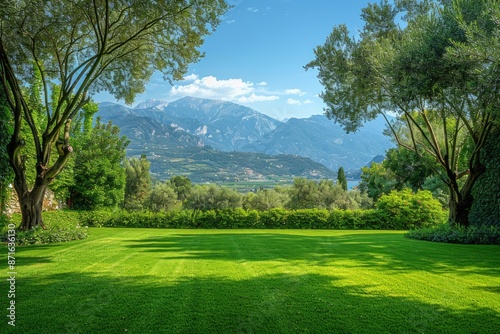 Smooth, well-kept golf course lawn surrounded by trees in the distance with mountains in the background © Xchip
