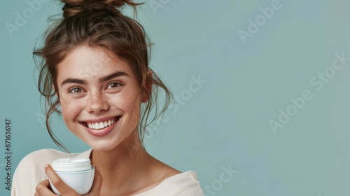 Cream container for eye skincare, dermatology, cosmetics, or collagen. Young smiling face or beauty model with skin care lotion on studio blue background.