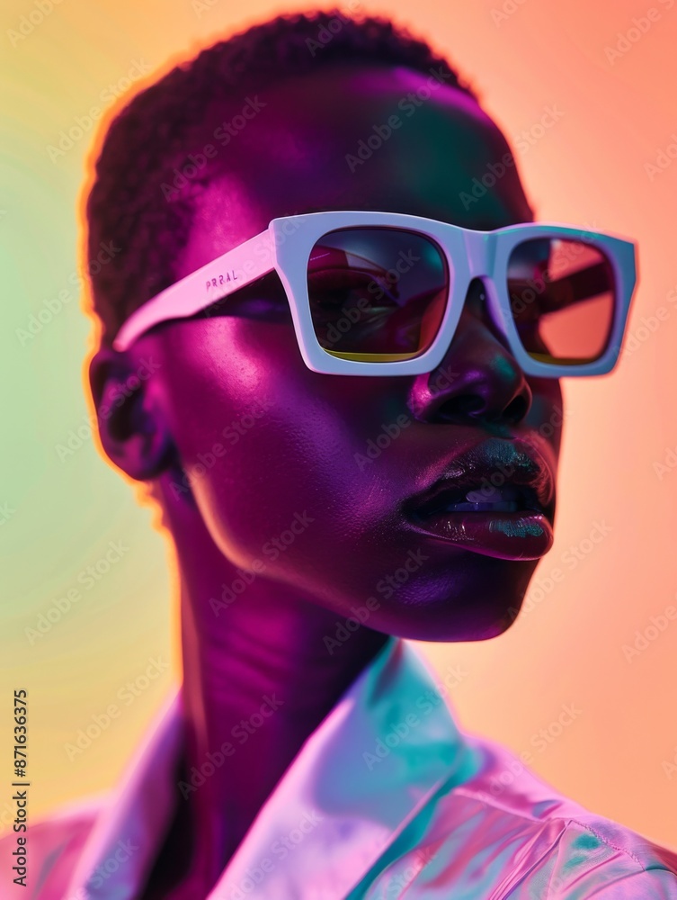 Young black woman model in sunglasses in trendy fashion editorial style. Bold vibrant high fashion visual in neon colors. Young black woman model in sunglasses in trendy fashion editorial style. Bold vibrant high fashion visual in neon colors.