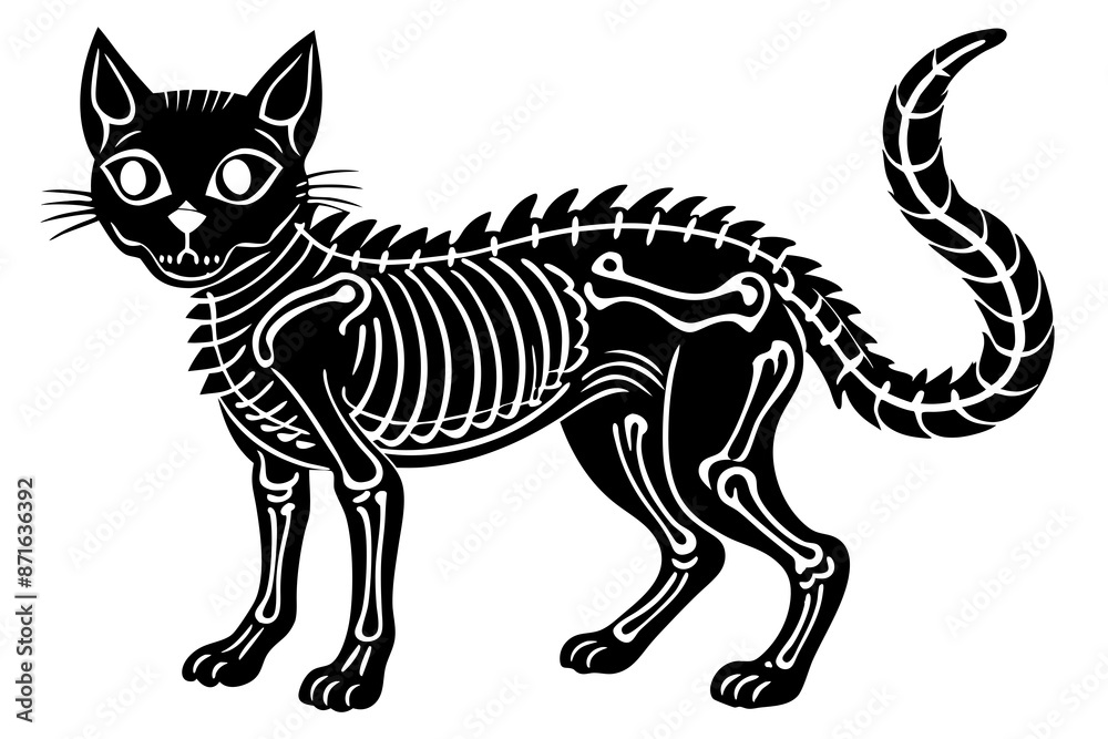Fototapeta premium skeleton black cat. Collection of silhouette halloween cat with bones costume. Funny pets. Vector illustration on white background