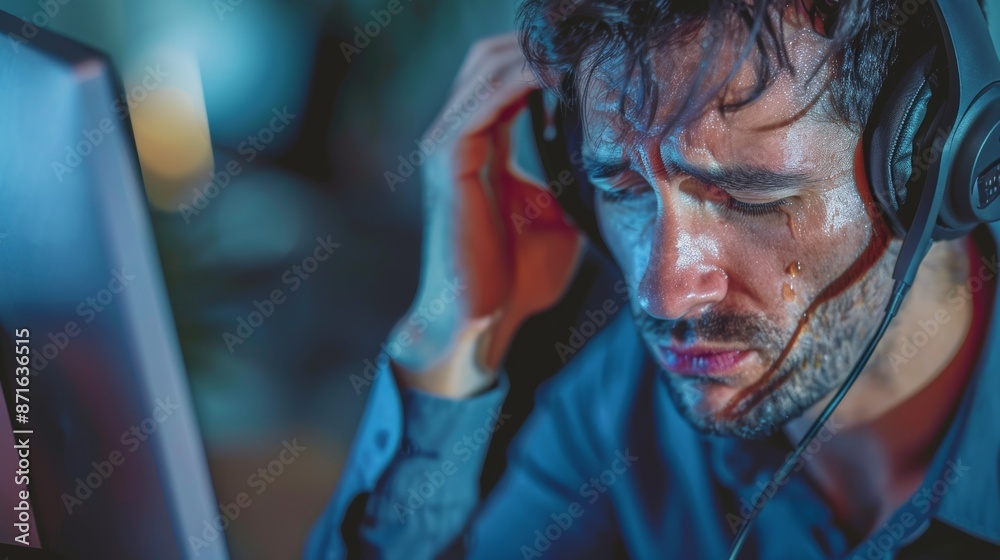 Fototapeta premium Call center, headache, burnout, and tech support with stress, pain, and overtime. Stressed male employee, consultant, or migraine sufferer