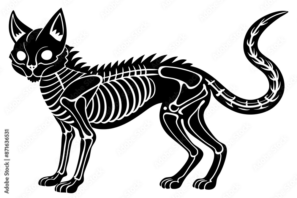 Fototapeta premium skeleton black cat. Collection of silhouette halloween cat with bones costume. Funny pets. Vector illustration on white background