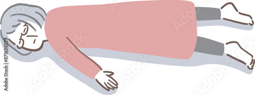 うつ伏せで寝ている高齢の女性のイラスト素材