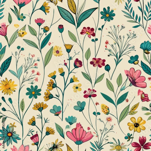 seamless pattern of small wildflowers and stems, Generative AI