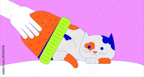 Owner covering cat with hat 2D linear illustration concept. Person comforting cute calico kitten cartoon scene background. Taking care of feline animal metaphor abstract flat vector graphic