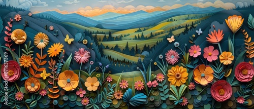 A paper-cut meadow filled with colorful wildflowers, butterflies, and a distant tree line. © Suradet Rakha