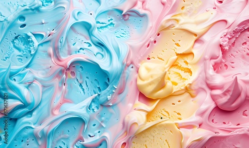 Slightly melted and mixed ice cream in blue, pink and yellow colors in macro photography