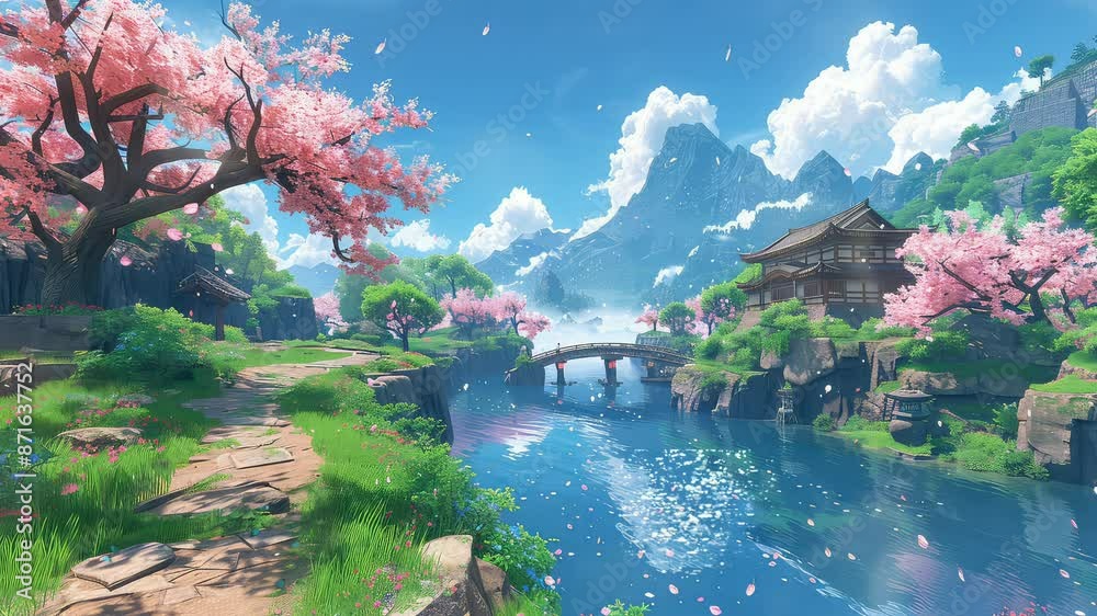 Animation Vibrant Lakeside Village Beneath Majestic Mountains generated with ai 