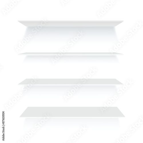 Glass shelves. Empty bookshelf in library . Vector