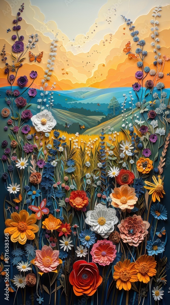 Fototapeta premium A paper-cut meadow filled with colorful wildflowers, butterflies, and a distant tree line.