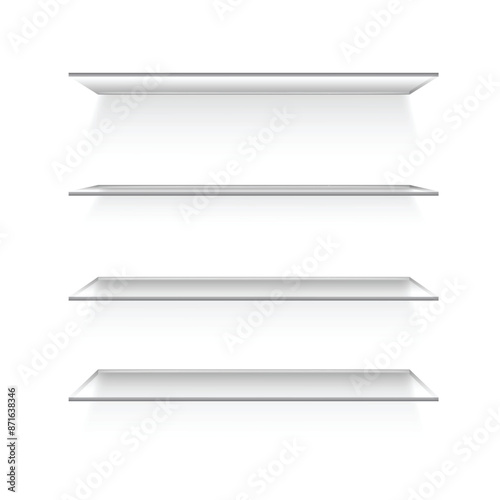 Glass shelves. Empty bookshelf in library . Vector