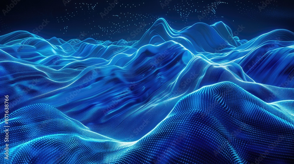 Fototapeta premium Abstract blue neon waves pattern, creating a serene and futuristic digital backdrop