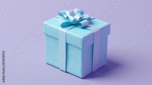 Gift box wrapped in sky blue gift paper with a red satin ribbon and bow on light purple background. Premium present for a holiday, birthday or Christmas.