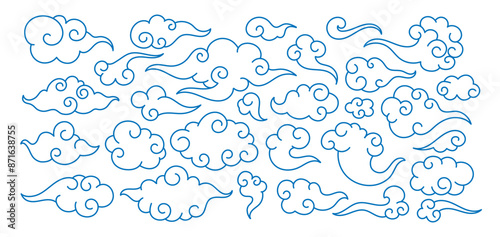 Chinese clouds. Traditional oriental cloudy element. Cartoon Asian line clouds shape. China decorative festive and holiday ornaments. Swirl blue cloud in sky. Doodle outline vector set