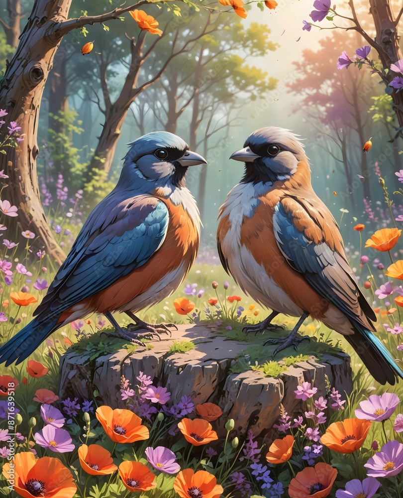 There are two birds that are standing on a rock in the grass. There are two birds that are standing on a rock in the grass.