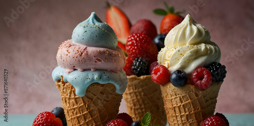 Capture a close-up photograph featuring four enticing ice cream cones, each adorned with distinct flavors and topped with fresh, colorful berries 