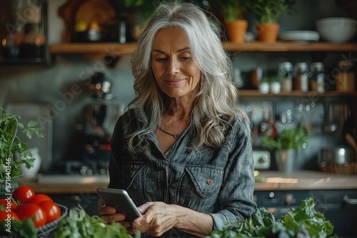 A smiling older woman using her smartphone in a warm kitchen setting, surrounded by fresh ingredients, embodying a mix of tradition, technology, and culinary joy.