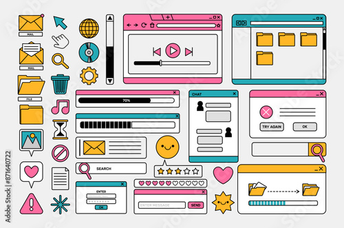 90s retro desktop interface. Retro user computer elements. Vintage old vaporwave icons and screens, UI and UX themes. Nostalgic digital objects for pc 2000s. Vector set