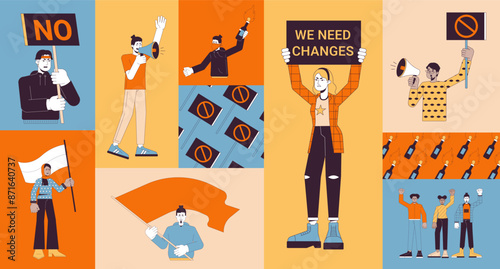 Protesting movement bento grid illustration set. Democracy solidarity 2D vector image collage design graphics collection. Gen z demonstrators adults multicultural flat characters moodboard layout