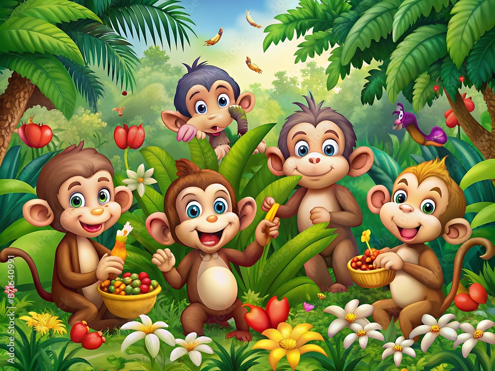 Adorable cartoon monkey friends playfully surround palm trees, munching on juicy bananas in their lush jungle home, surrounded by vibrant green foliage and exotic flowers. Adorable cartoon monkey friends playfully surround palm trees, munching on juicy bananas in their lush jungle home, surrounded by vibrant green foliage and exotic flowers.