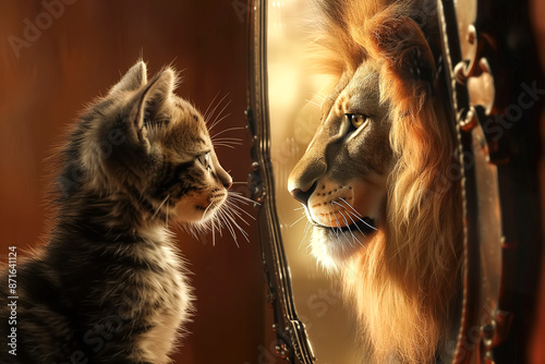 A kitten looks at a mirror, seeing a male lion reflected inside. The concept of self-perception, potential, and inner strength. Generative AI.