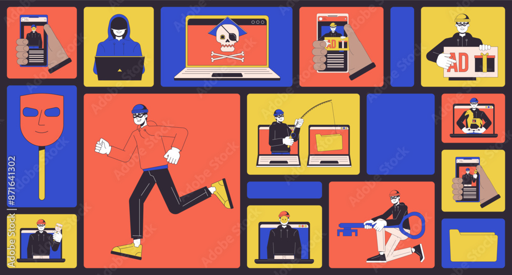 Computer Robber Cyber frauds bento grid illustration set. Robber scammers with mobile ...
