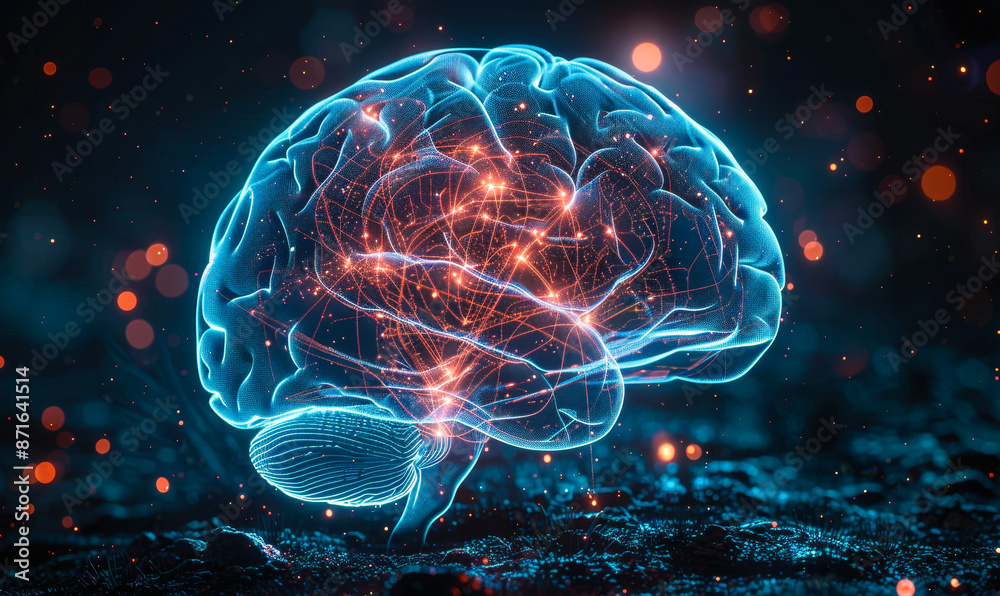 Futuristic Digital Brain with Advanced Neural Networks in Night Setting, Concept of Smart Brain Technology and Artificial Intelligence Futuristic Digital Brain with Advanced Neural Networks in Night Setting, Concept of Smart Brain Technology and Artificial Intelligence