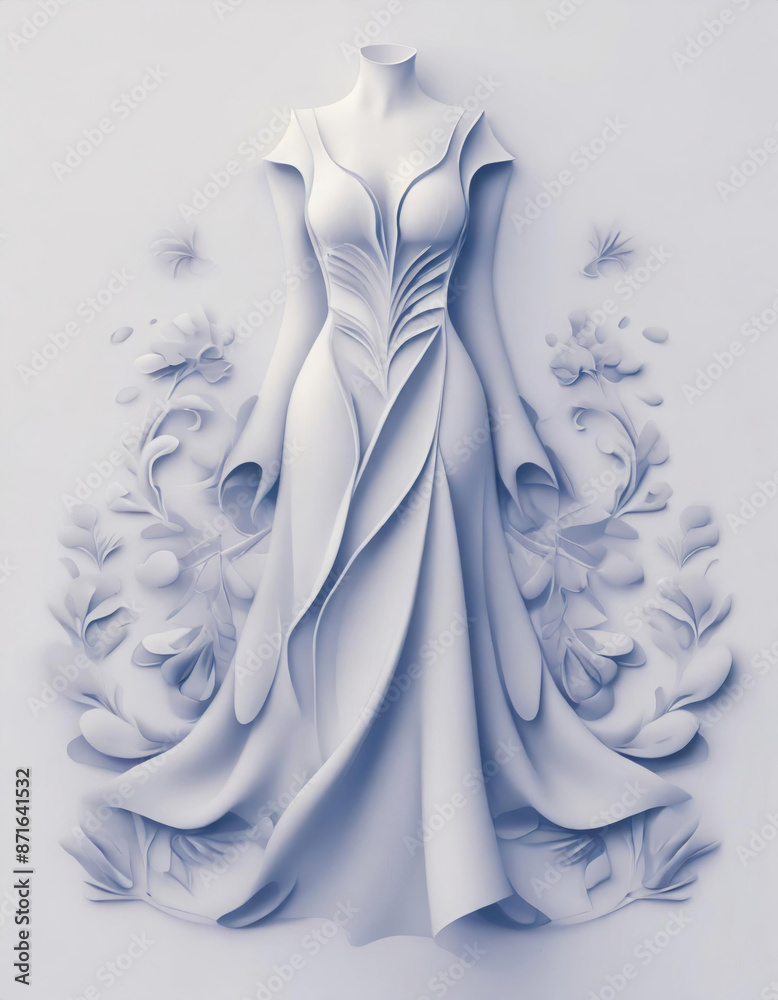 A white wedding gown, a onepiece garment made of silk, is elegantly displayed on a mannequin with flowers in the background A white wedding gown, a onepiece garment made of silk, is elegantly displayed on a mannequin with flowers in the background