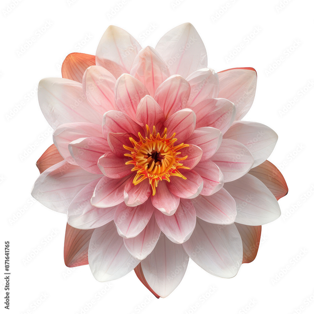 Fototapeta premium Beautiful water lily flower arrangement in a flat lay, top view.