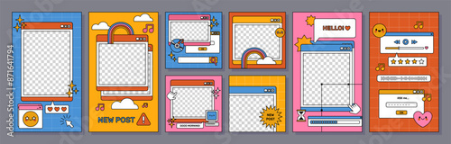 90s retro vaporwave stories template. Nostalgic social media post. Old computer aesthetic background. PC UI interface elements, screens stickers, posters, vector set