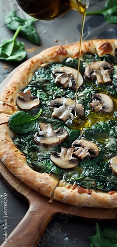Spinach and mushroom pizza A spinach and mushroom pizza being drizzled with olive oil