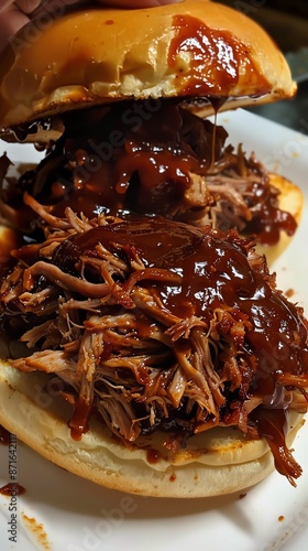 BBQ pulled pork Pulled pork being mixed with BBQ sauce, then piled onto a sandwich bun