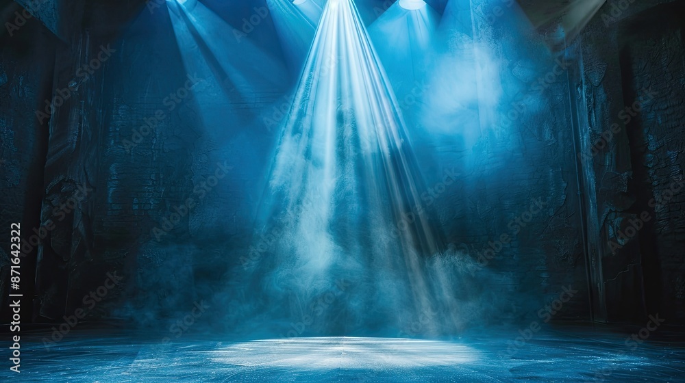 Fototapeta premium Dramatic blue spotlight on dim stage, creating stunning light contrast